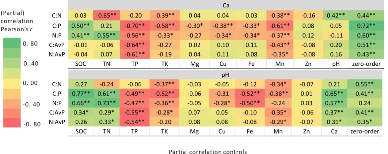 图2断陷盆地土壤地球化学背景与C、N和P化学计量偏相关分析